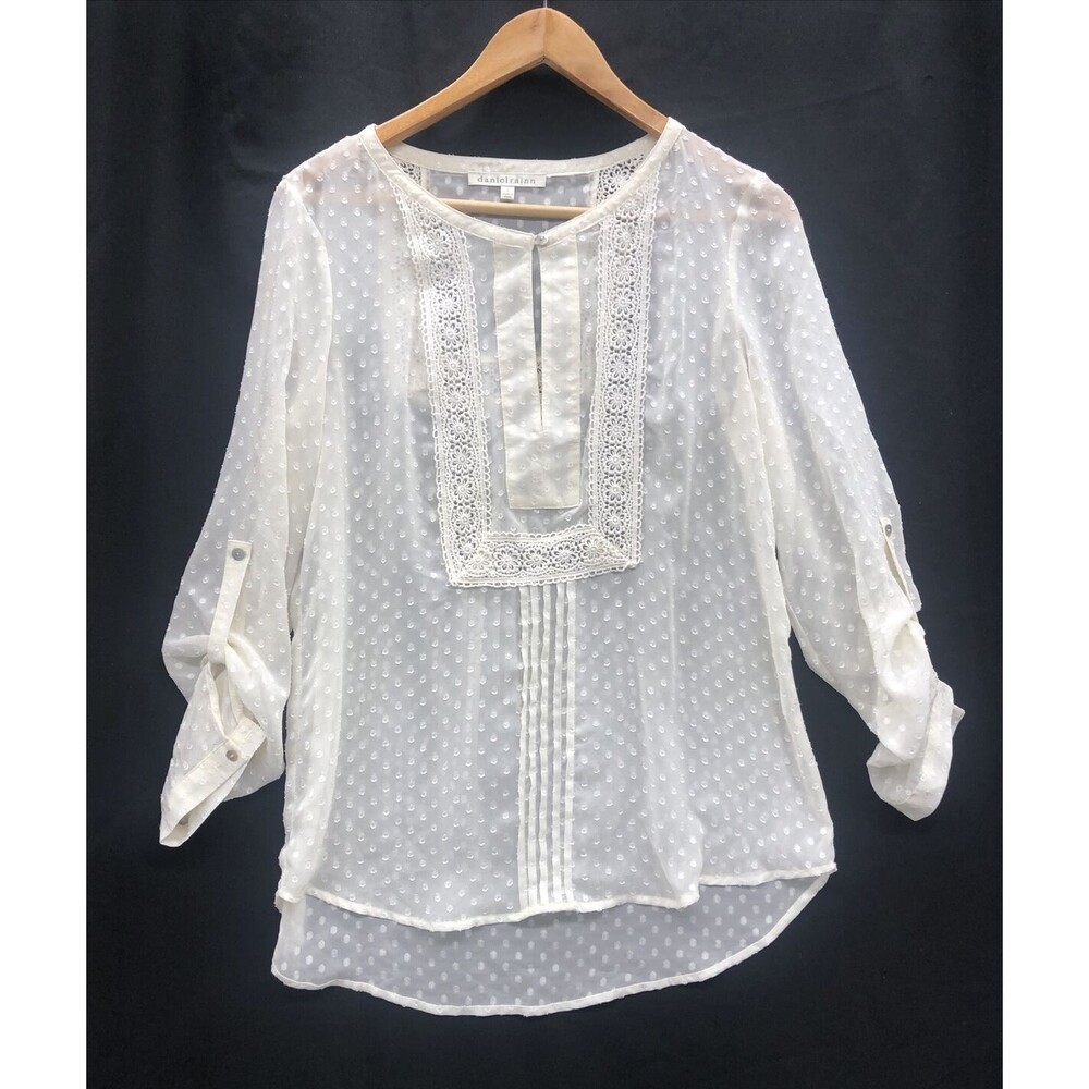 Daniel Rainn Womens Blouse S Sheer Popover Roll Tab Sleeve Boat Neck Layering